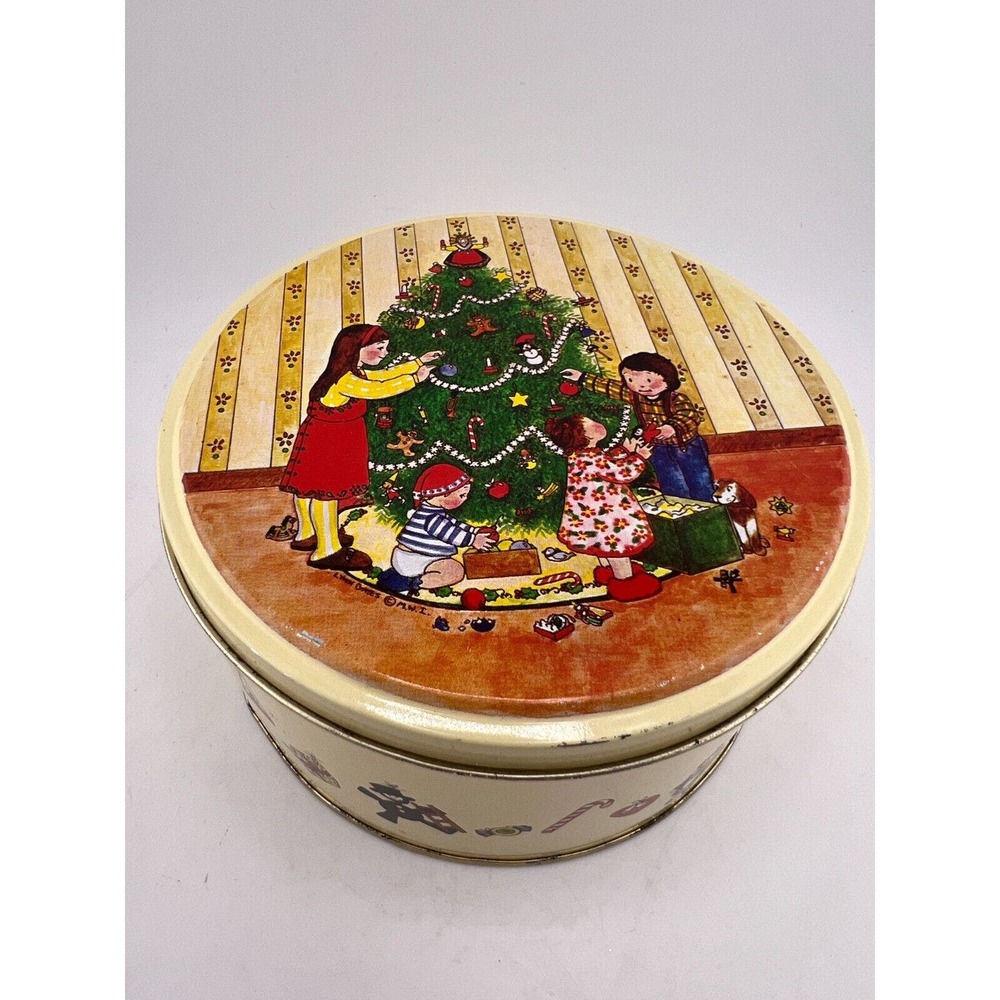 Vintage Christmas Holiday Tree with Children Canisters Tin